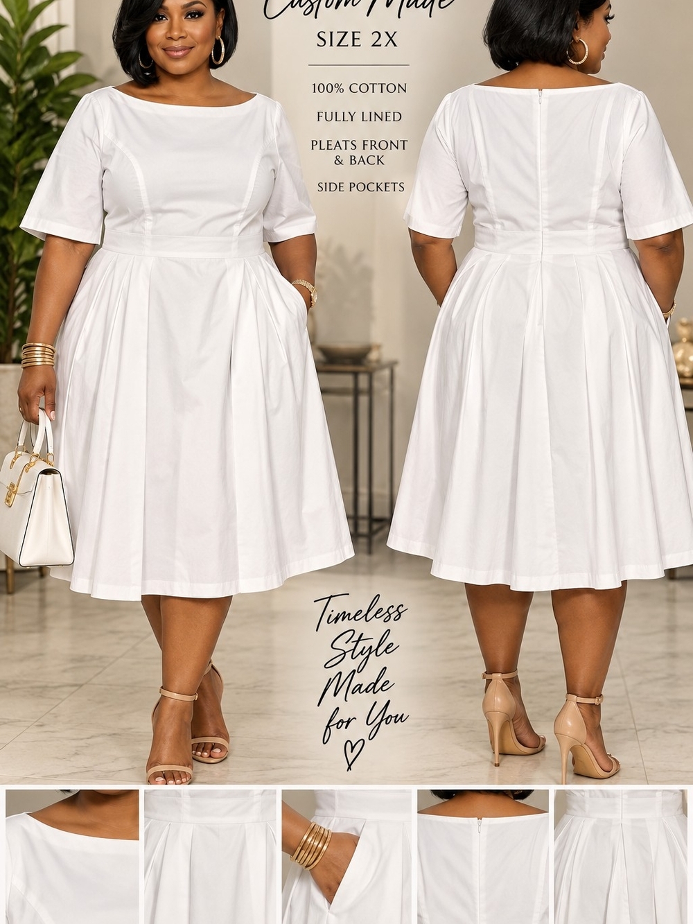 Timeless White Cotton Fit-and-Flare Dress with Pockets
